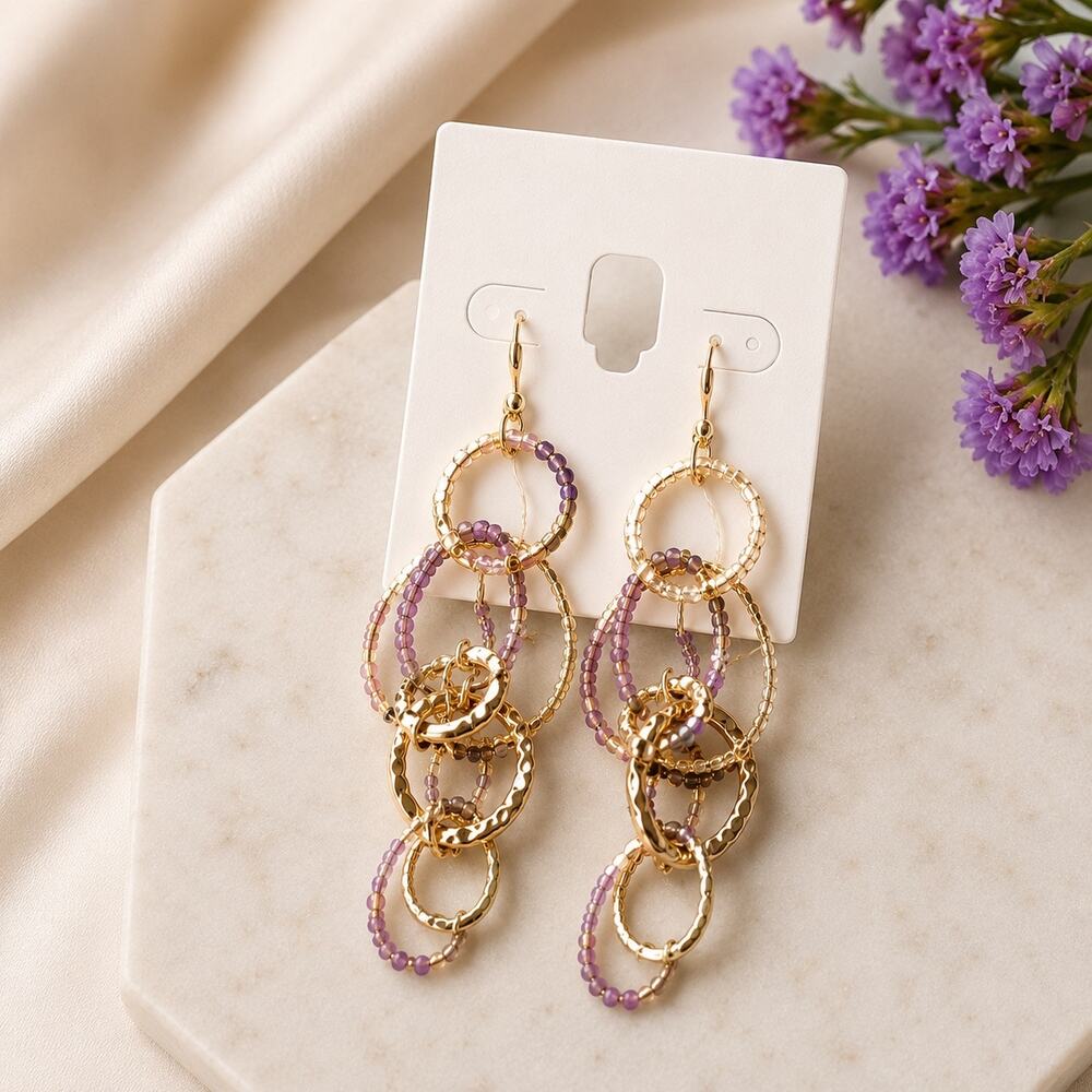 Style & Co Purple Beaded Link Drop Earrings NWT Gold Tone